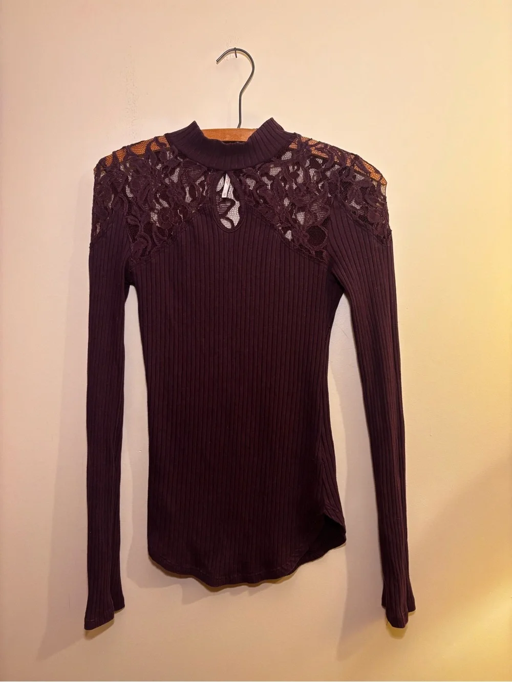 Free People Plum Lace-Collar Yoke Ribbed Long Sleeve Top